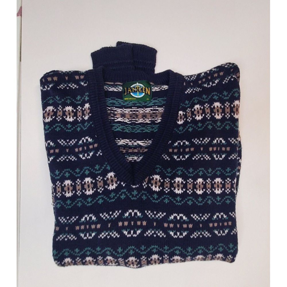 Vintage Jantzen XL V-neck‎ Grandpa Sweater Blue Green Geometric Print Y2k